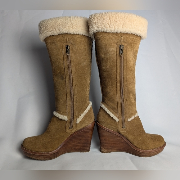 UGG Australia Aubrie Tan Suede Wood Wedge Heel Size 6 Winter Boots Women - Picture 7 of 11